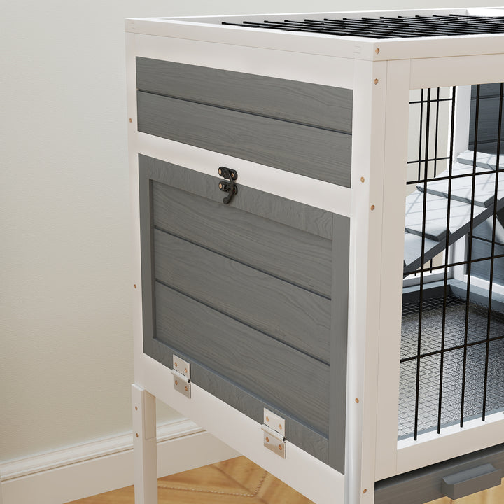 Wooden Rabbit Hutch, Guinea Pig Cage, with Removable Tray, Openable Roof, Grey