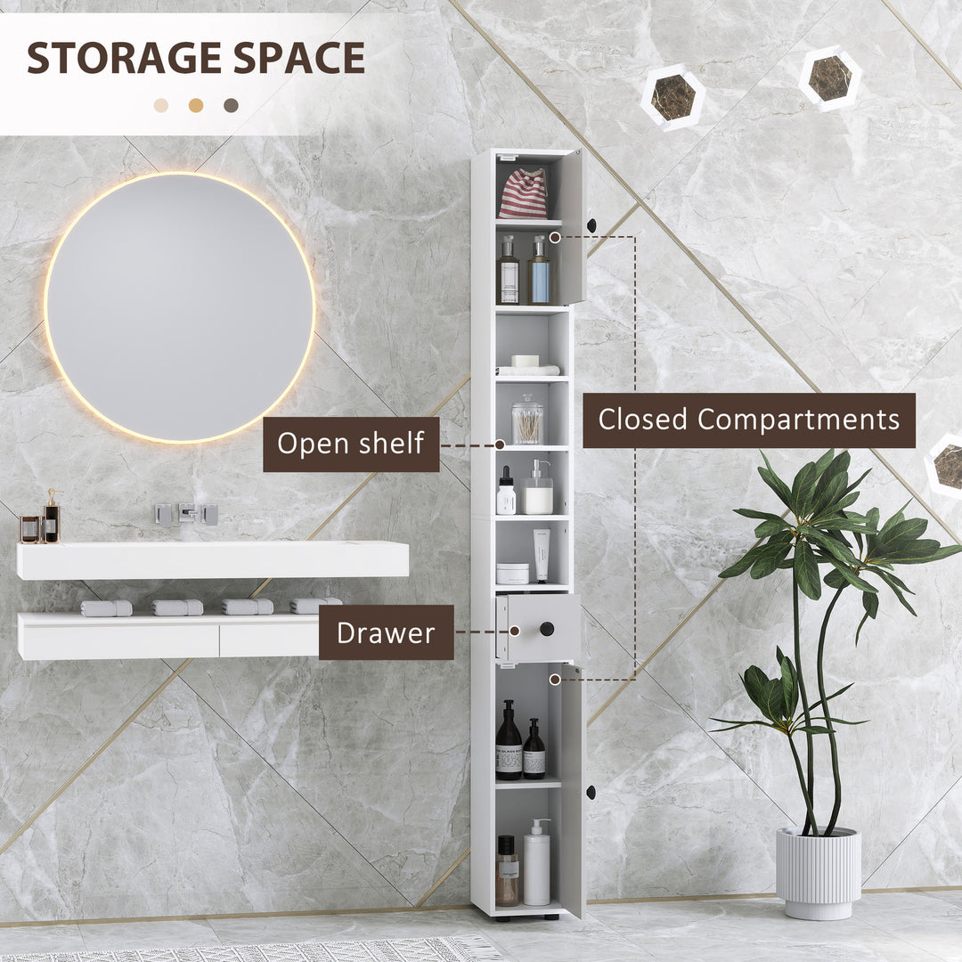 180cm Slim Bathroom Cabinet, with Drawer, Shelves and Cupboards - Light Grey