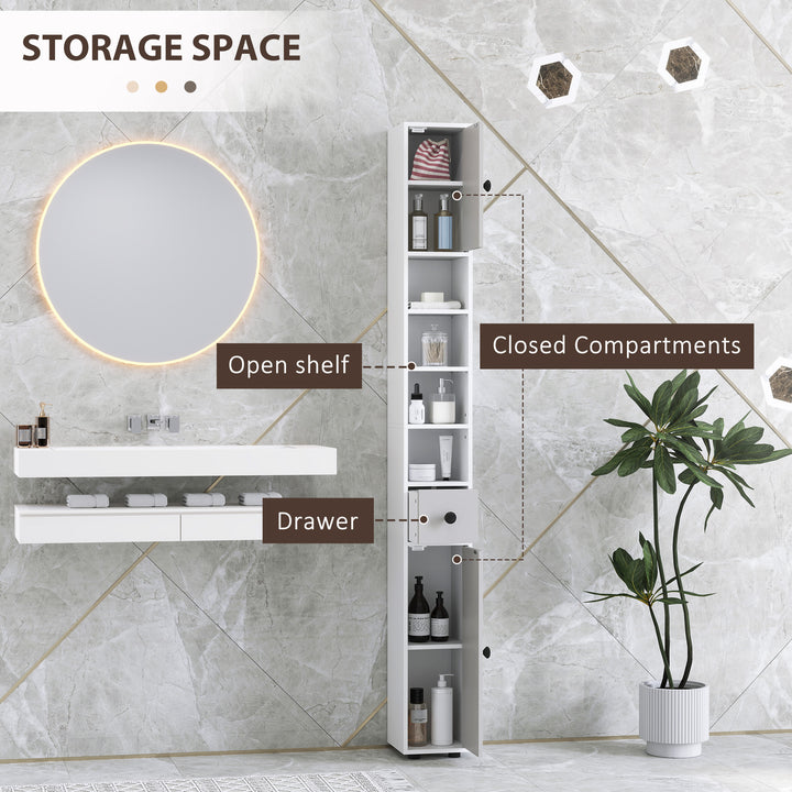 180cm Slim Bathroom Cabinet, with Drawer, Shelves and Cupboards - Light Grey