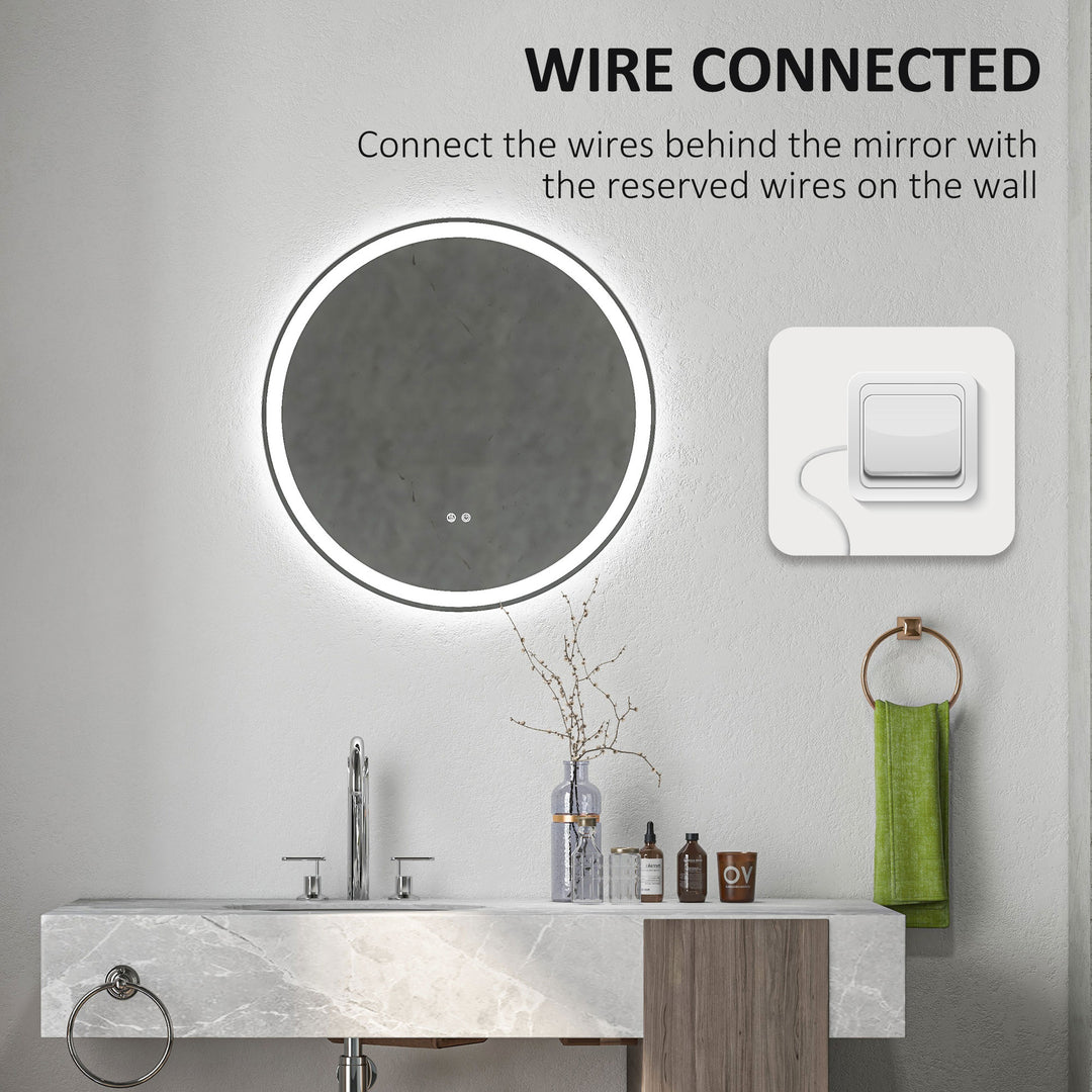 Round Bathroom Mirror with LED Lights, Wall Mount Dimmable Makeup Mirror with 3 Temperature Colours, Defogging Film and Memory Function, Frameless, Hardwired, 70 x 70 cm