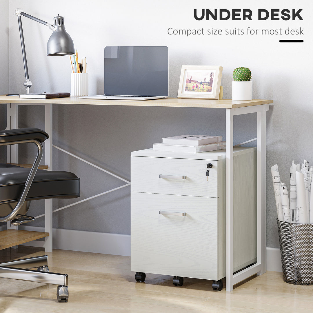 2-Drawer Locking Office Filing Cabinet w/ 5 Wheels Rolling Storage Hanging A4 Cupboard Home Organisation White Wood Grain