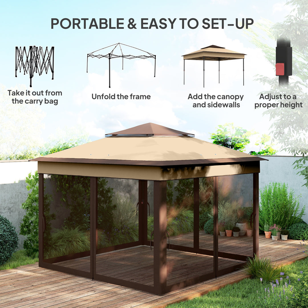 3 x 3(m) Pop Up Gazebo, Height Adjustable Instant Event Shelter with Netting and Carrying Bag, Beige