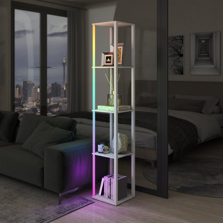 RGB LED Floor Lamp with Shelves, Modern Dimmable Standing Lamp with Remote Control, Adjustable Brightness & Speed for Living Room, Bedroom, Office, White