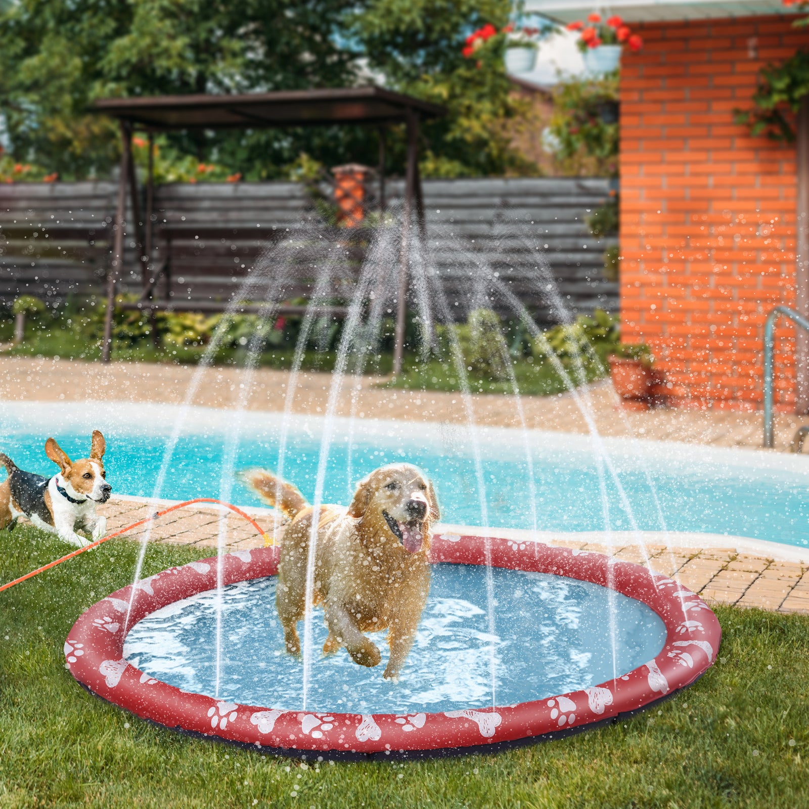Dog Splash Pad, Pet Sprinkler Mat, Non-Slip Dog Paddling Pool, Foldable Outdoor Sprinkler and Splash Mat Water Play for Garden, Patio, Summer Fun, 170 cm