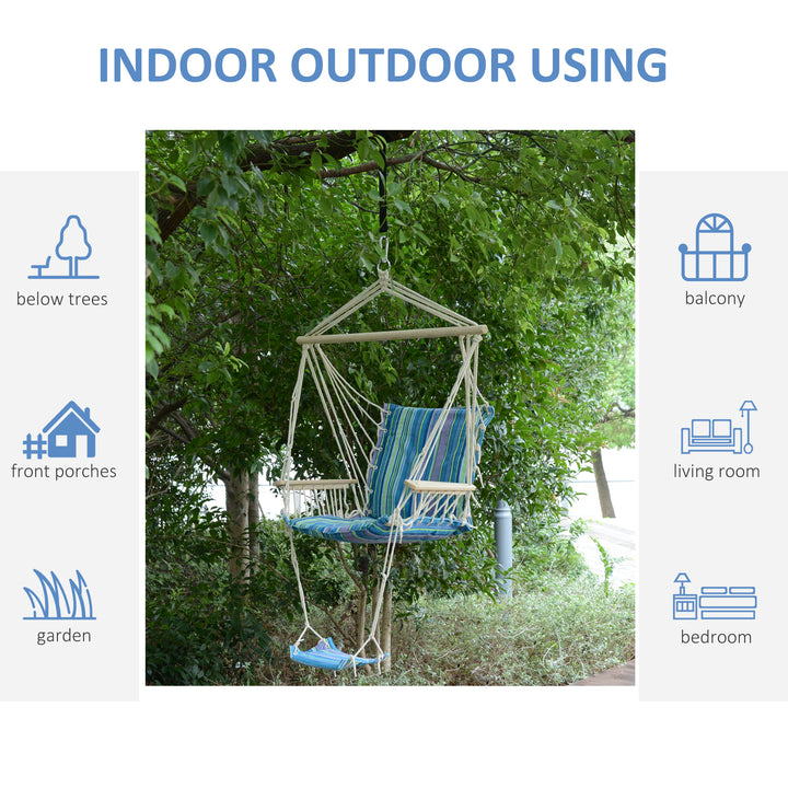 Hanging Rope Chair with Soft Padded Seat & Backrest, Portable Garden Hammoc Chair with Wooden Support Bar, Armrests, Cotton Cloth, Footrest, for Patio & Tree, Blue