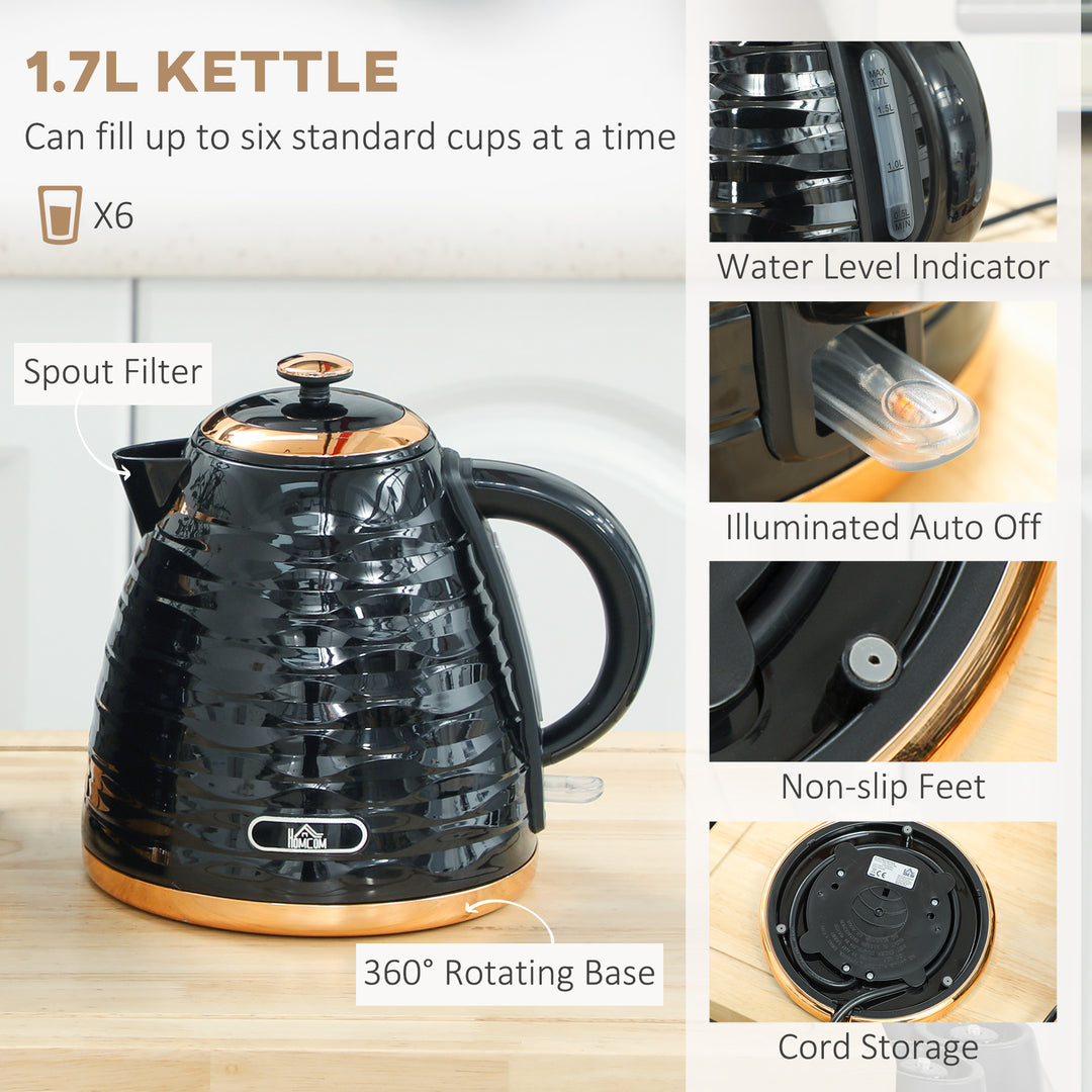 3000W 1.7L Rapid Boil Kettle & 2 Slice Toaster, Kettle and Toaster Set with 7 Browning Controls and Crumb Tray, Black