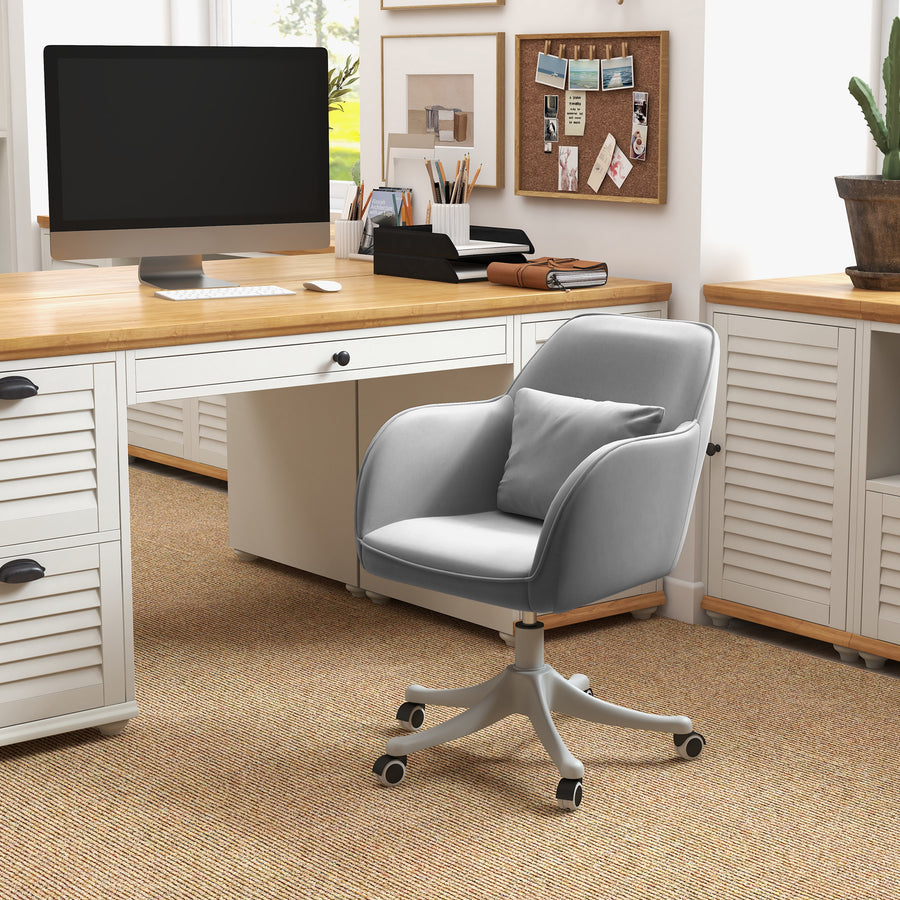 Velvet Office Chair, Desk Chair, Makeup Vanity Chair with Massage Lumbar Pillow and Rolling Wheels for Bedroom and Home, Grey