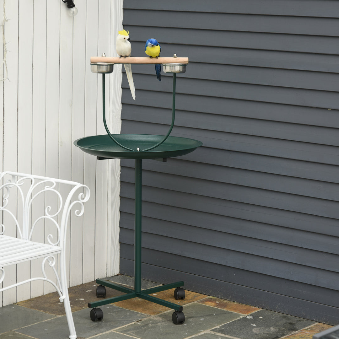 MCL Bird Perch Stand with Four Wheels, Feeding Bowls, for Small, Medium Birds, Green