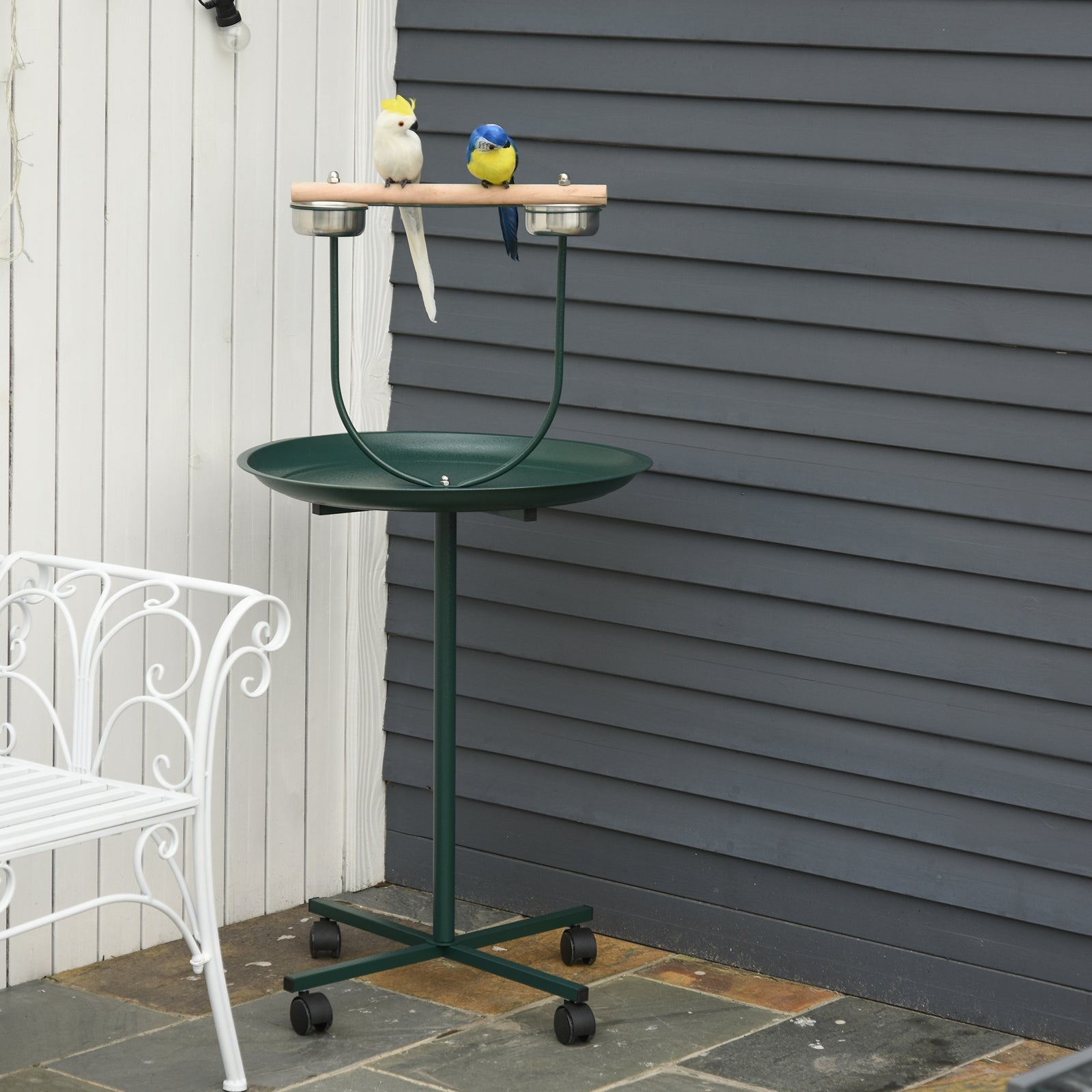 Bird Perch Stand with Four Wheels, Feeding Bowls, for Small, Medium Birds, Green