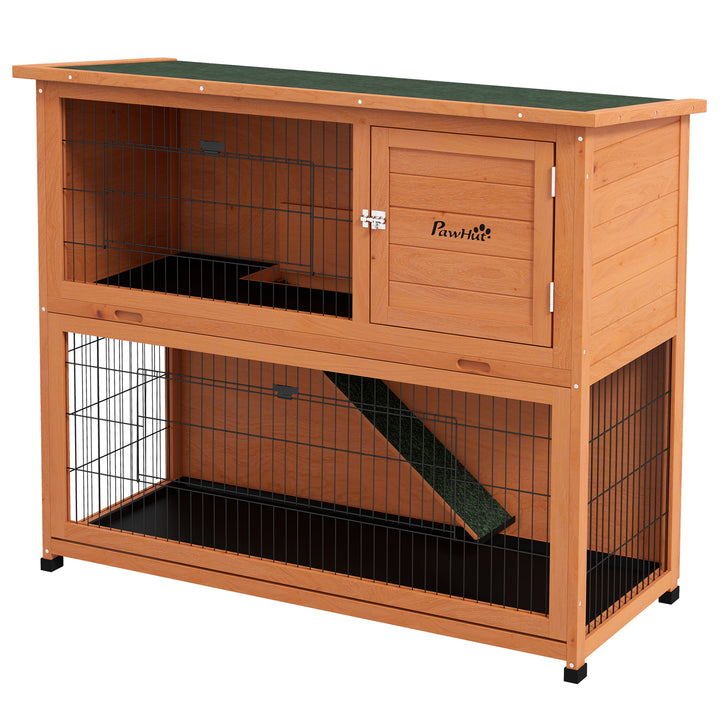 PawHut 2 Tier Antiseptic Wood Rabbit Hutch with Run Outdoor Orange | Aosom UK