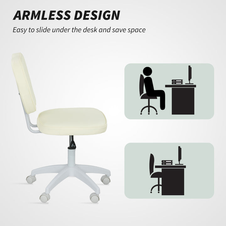 Vanity Office Chair, PU Leather Computer Chair for Home, with Adjustable Height, Armless, Swivel Wheels, Cream