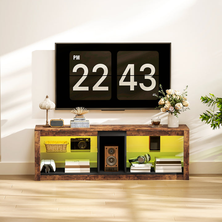 TV Stand Cabinet with LED Lights and Remote Control for TVs up to 65", Entertainment Centre with Storage Shelves and Compartment, Rustic Brown
