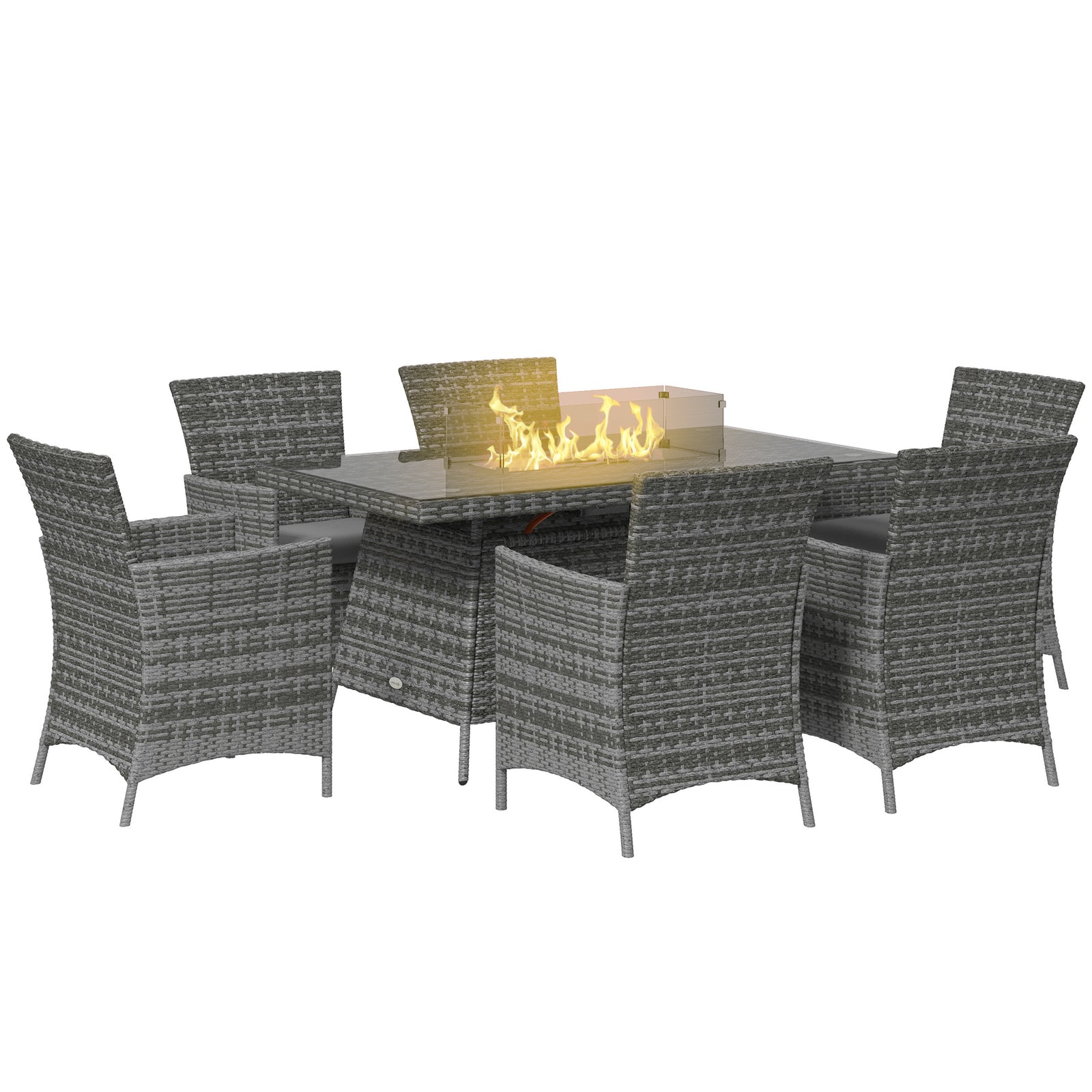 7 Pieces Outdoor Rattan Garden Furniture with Fire Pit Table, 6 Seater Garden Table and Chairs with Cushions, Rattan Dining Set with Propane Heater Table, Windscreen, 50,000 BTU, Grey