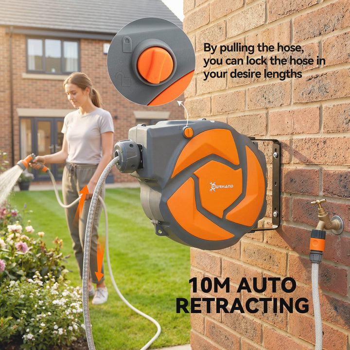 10m Garden Hose Reel Wall Mounted Auto Rewind with 7 Patterns Spray No