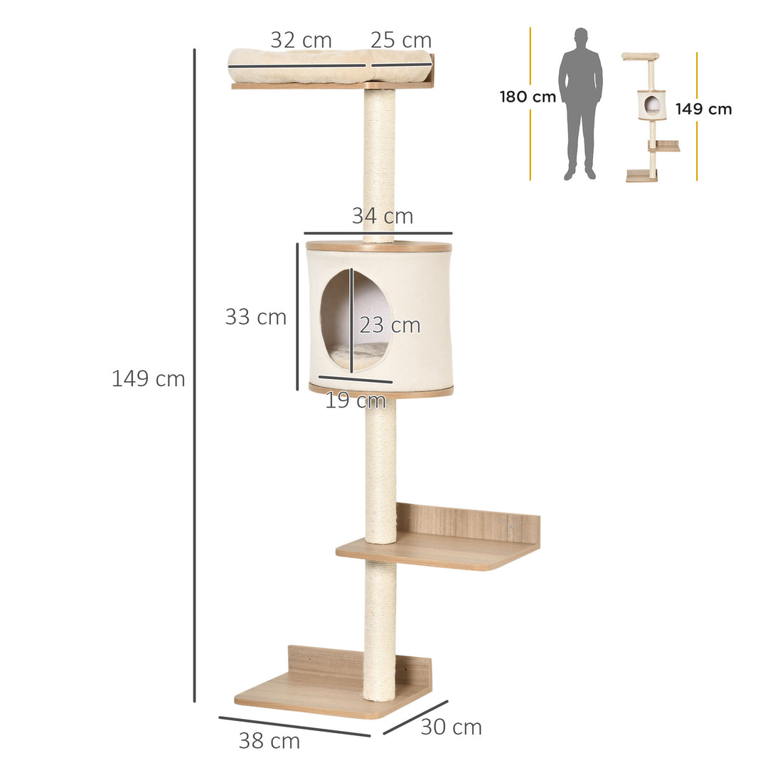 PawHut Cat Tree for Indoor Cats Wall-Mounted Cat Shelf Shelter Kitten Perch Climber Furniture w/ Condo Bed Scratching Post – Beige | Aosom UK