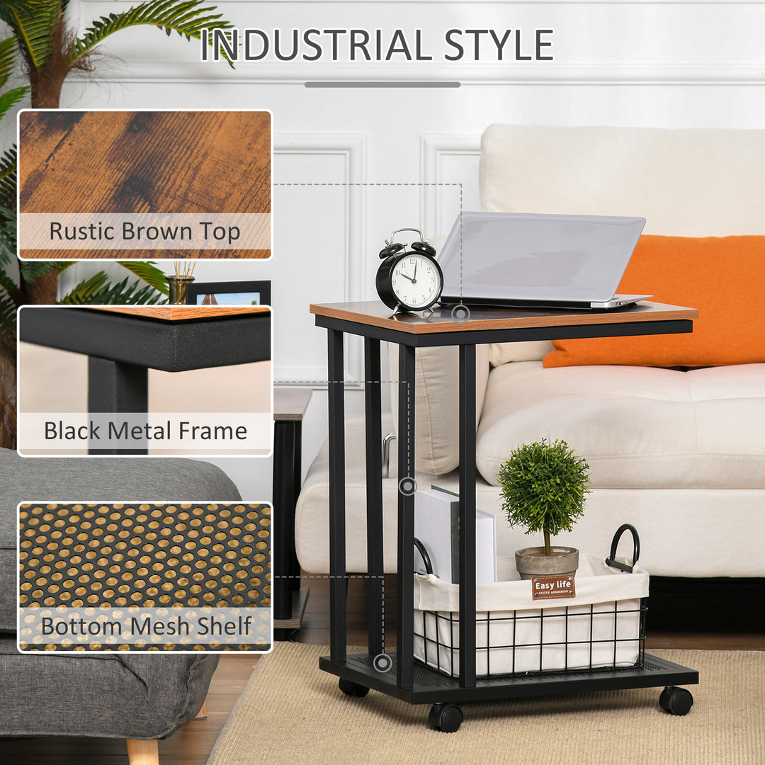 C Shaped Side Table Set of 2 with Wheels, Mobile End Table, Laptop Stand with Metal Frame and Storage Shelf, Rustic Brown