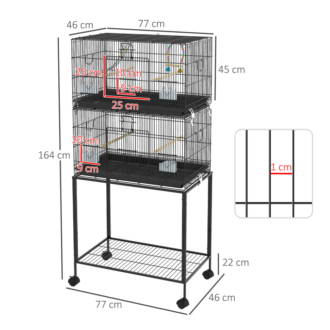 PawHut Double Stackable Bird Cage on Wheels w/ Stand, for Canaries | Aosom UK