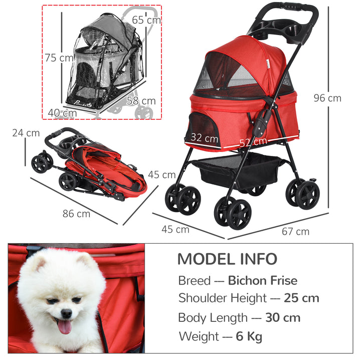Dog Stroller with Rain Cover, Dog Pushchair One-Click Fold Trolley Jogger with EVA Wheels Brake Basket Adjustable Canopy Safety Leash for Small Dogs, Red