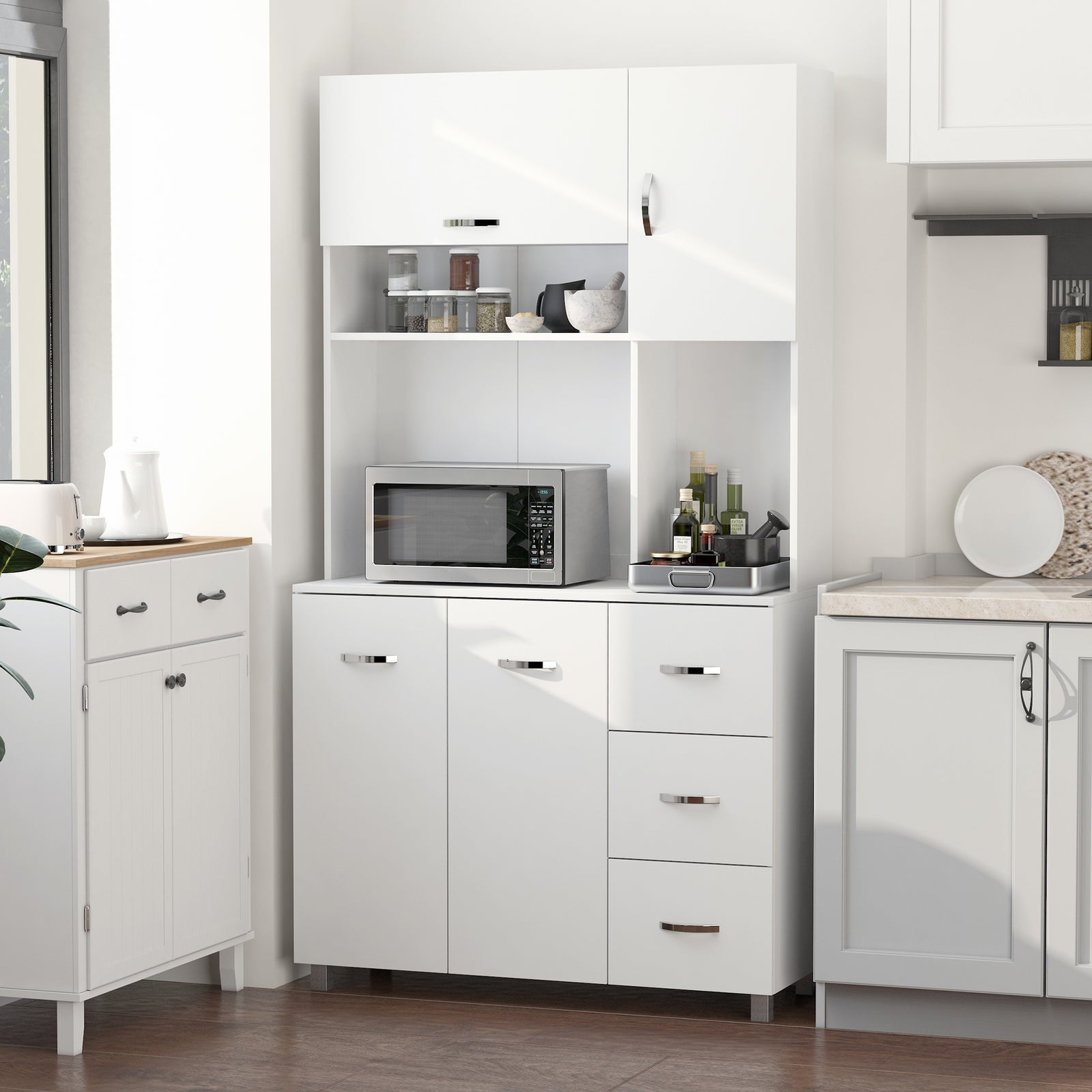 Kitchen Cupboard, 183cm Tall Storage Cabinet with Countertop, Sideboard with 3 Small Drawers, Flip Up Top Door, 3 Cabinet Doors and Open Shelves, 100W x 39.5D x 183.5H cm, White