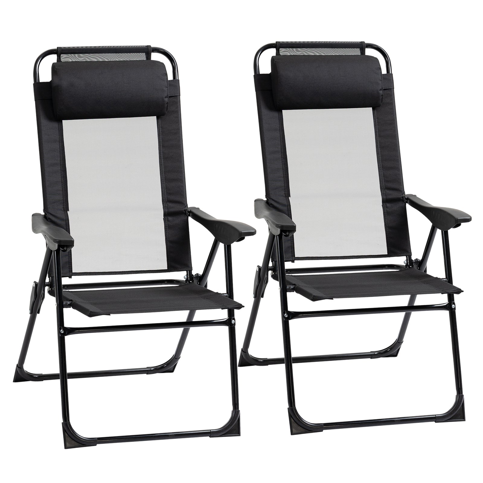 Set of 2 Portable Folding Recliner Metal Outdoor Patio Chaise Lounge Chairs with Adjustable Backrest, Black