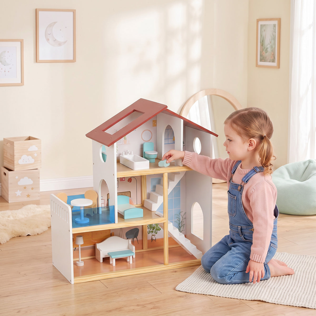 Kids Wooden Dolls House, 3-Story Dollhouse with 5 Rooms and 11 - view 2