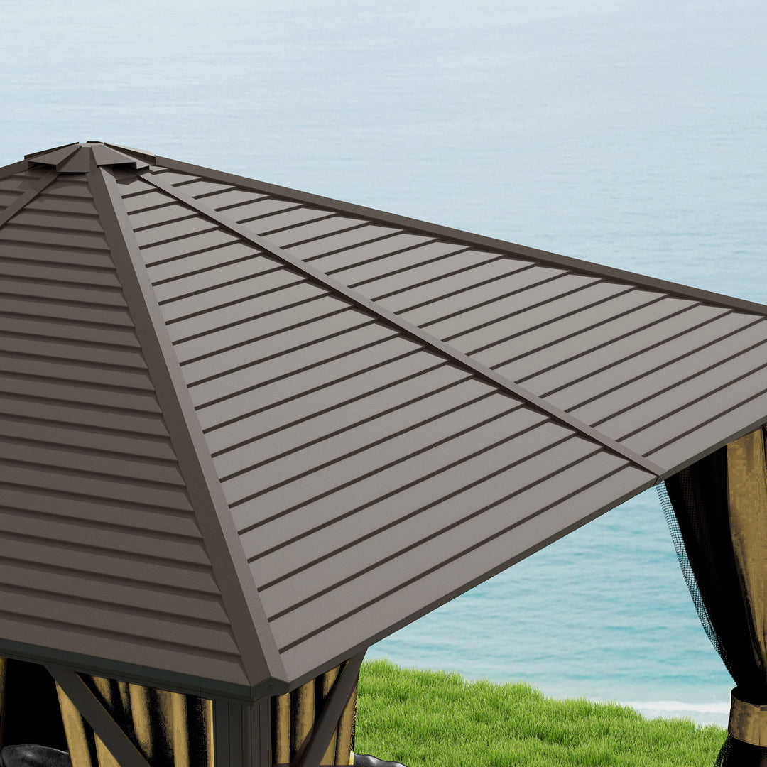 3 x 3(m) Metal Hardtop Gazebo, with Curtains and Accessories - Brown