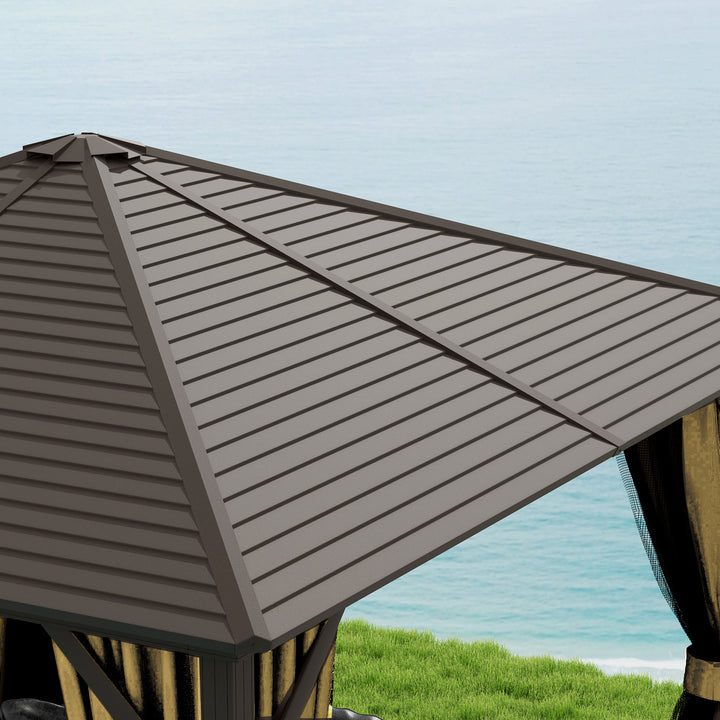 3 x 3(m) Metal Hardtop Gazebo, with Curtains and Accessories - Brown