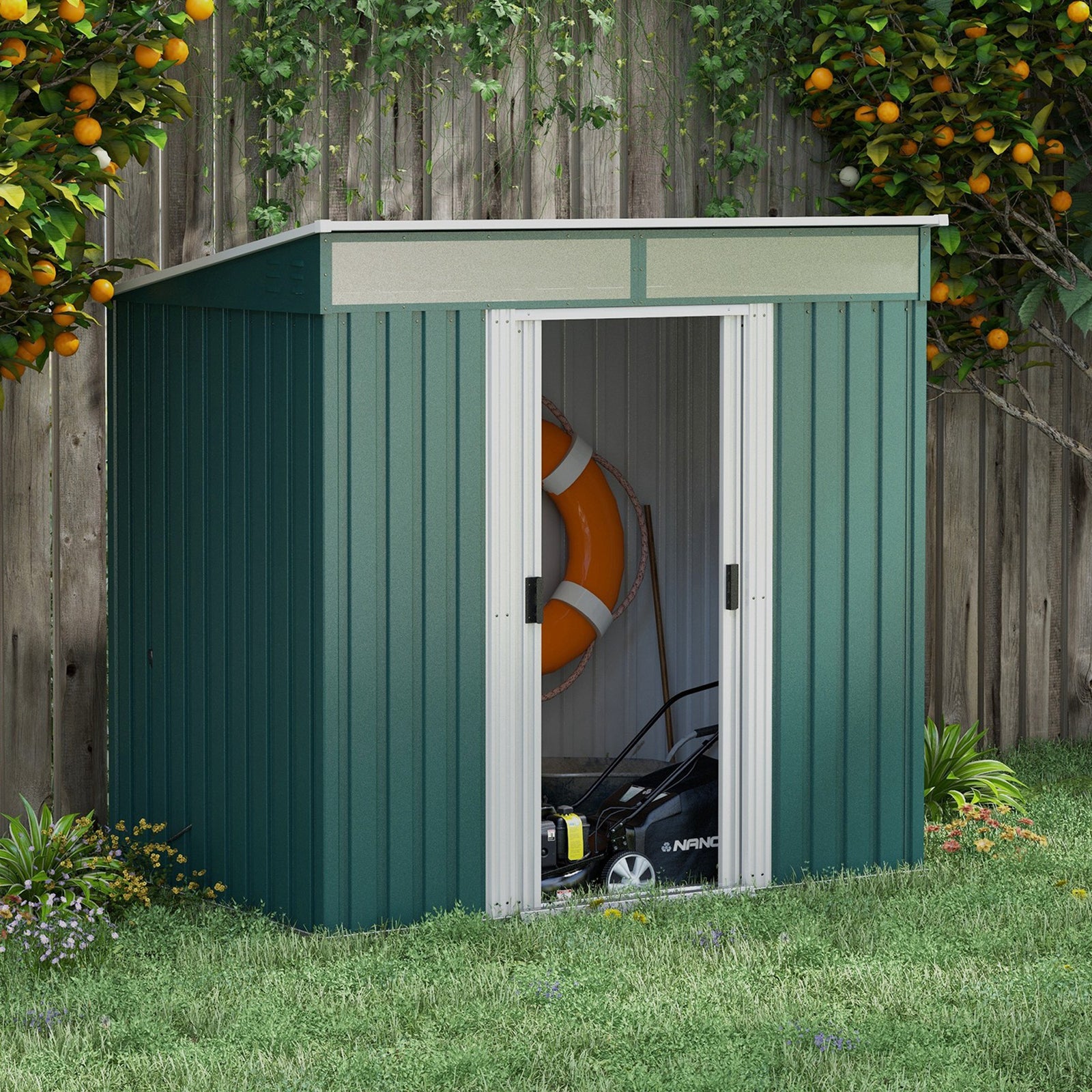 6.5 x 4FT Galvanised Metal Shed with Foundation Kit, Lockable Tool Garden Shed with Double Sliding Doors, Vents, Green
