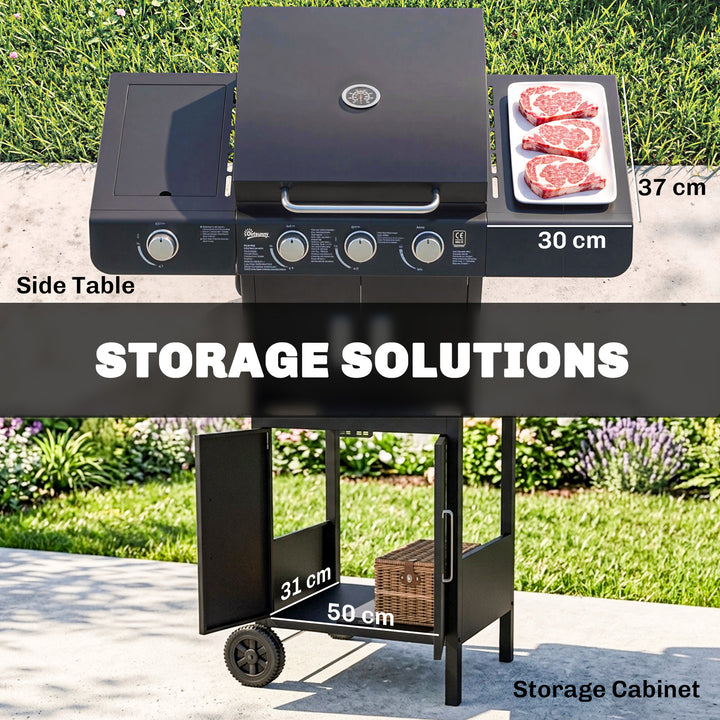 3+1 Burner Gas BBQ Grill, Outdoor Barbecue Trolley with Wheels, Warmin