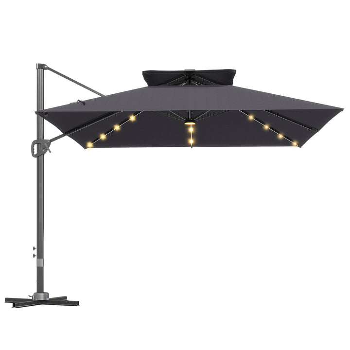 3.5x3 m Garden Cantilever Parasol with Solar LED Lights and Centre Light, Aluminium Large Square Patio Umbrella, UPF50+ Hanging Sun Shade with Cross Base, Crank Handle and Tilt, Grey