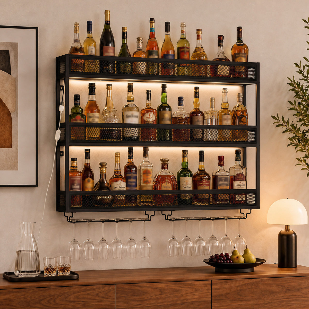 Wall-Mounted Wine Rack with LED Lights, Glass Holders, Open Shelf - view 2
