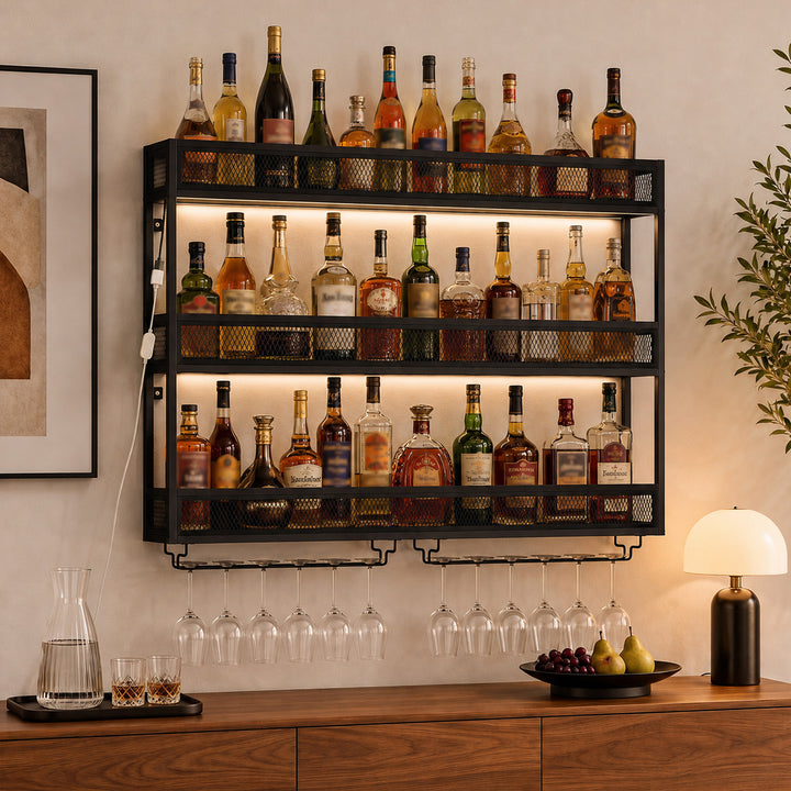 Wall-Mounted Wine Rack with LED Lights, Glass Holders, Open Shelf - view 2
