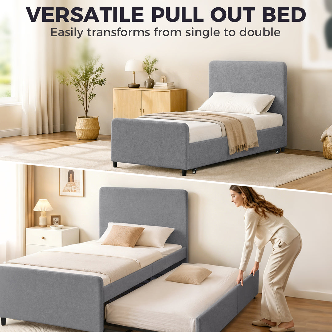 3ft Single Bed Frame with Trundle, Upholstered Pull Out Trundle Bed wi