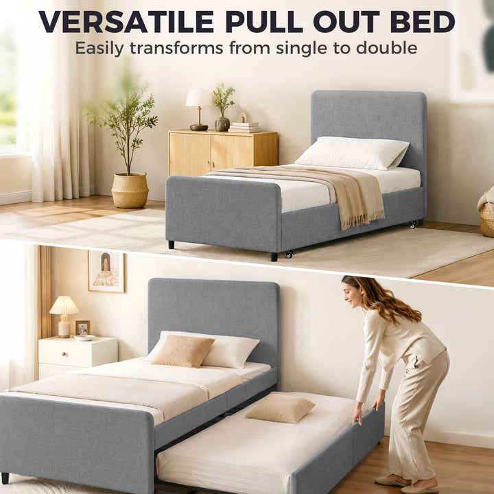 3ft Single Bed Frame with Trundle, Upholstered Pull Out Trundle Bed wi