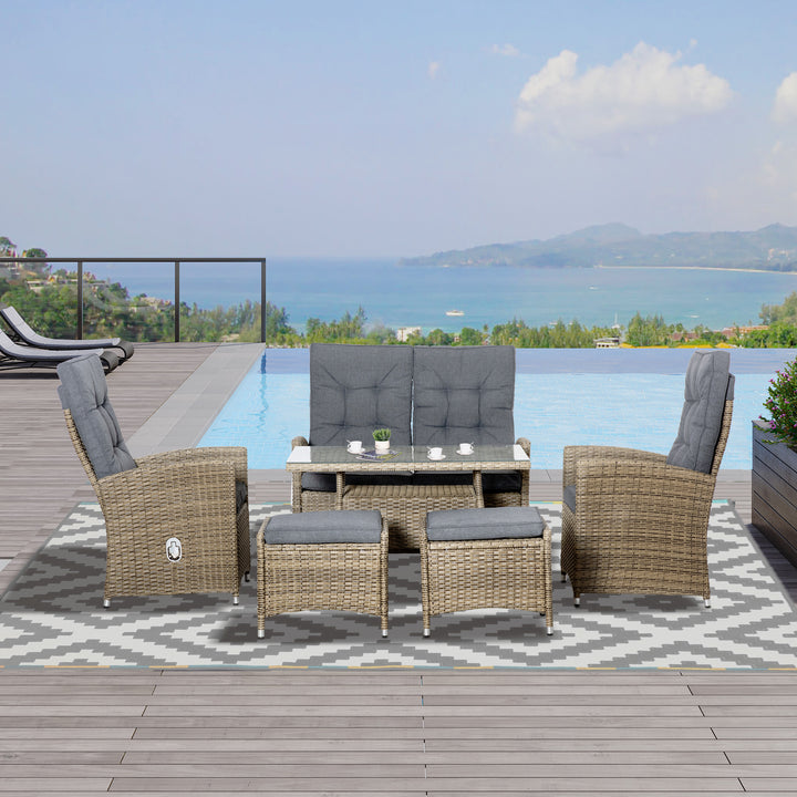 Outsunny 6 Pieces PE Rattan Dining Set, Patio Wicker Conversation Furniture, Tempered Glass Table