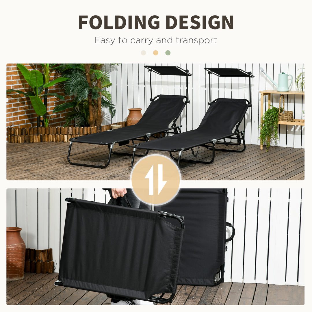 Set of Two Folding Sun Loungers, with Adjustable Backs and Sun Canopies - Black