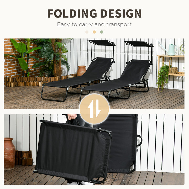 Set of Two Folding Sun Loungers, with Adjustable Backs and Sun Canopies - Black