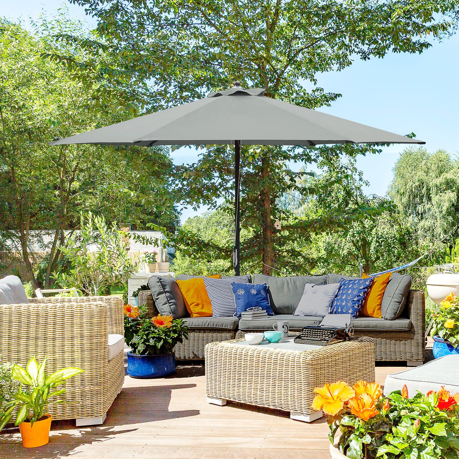 2.8m Garden Parasol Umbrella, Round Outdoor Market Table Umbrella Sun Shade Canopy, Dark Grey