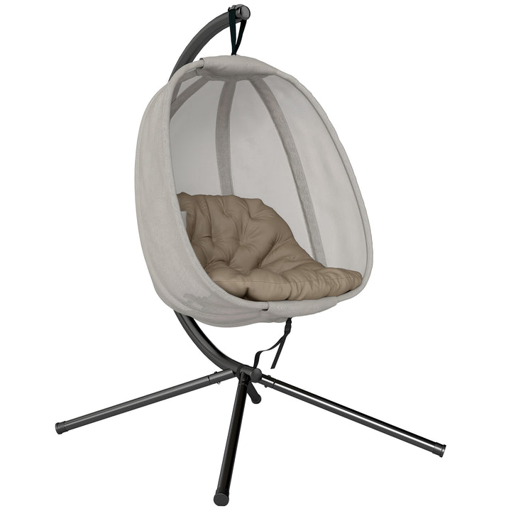 MCL Hanging Egg Chair, Folding Texteline Swing Hammock with Side Pocket, Cushion and Stand for Indoor Outdoor, Patio Garden Furniture, Khaki