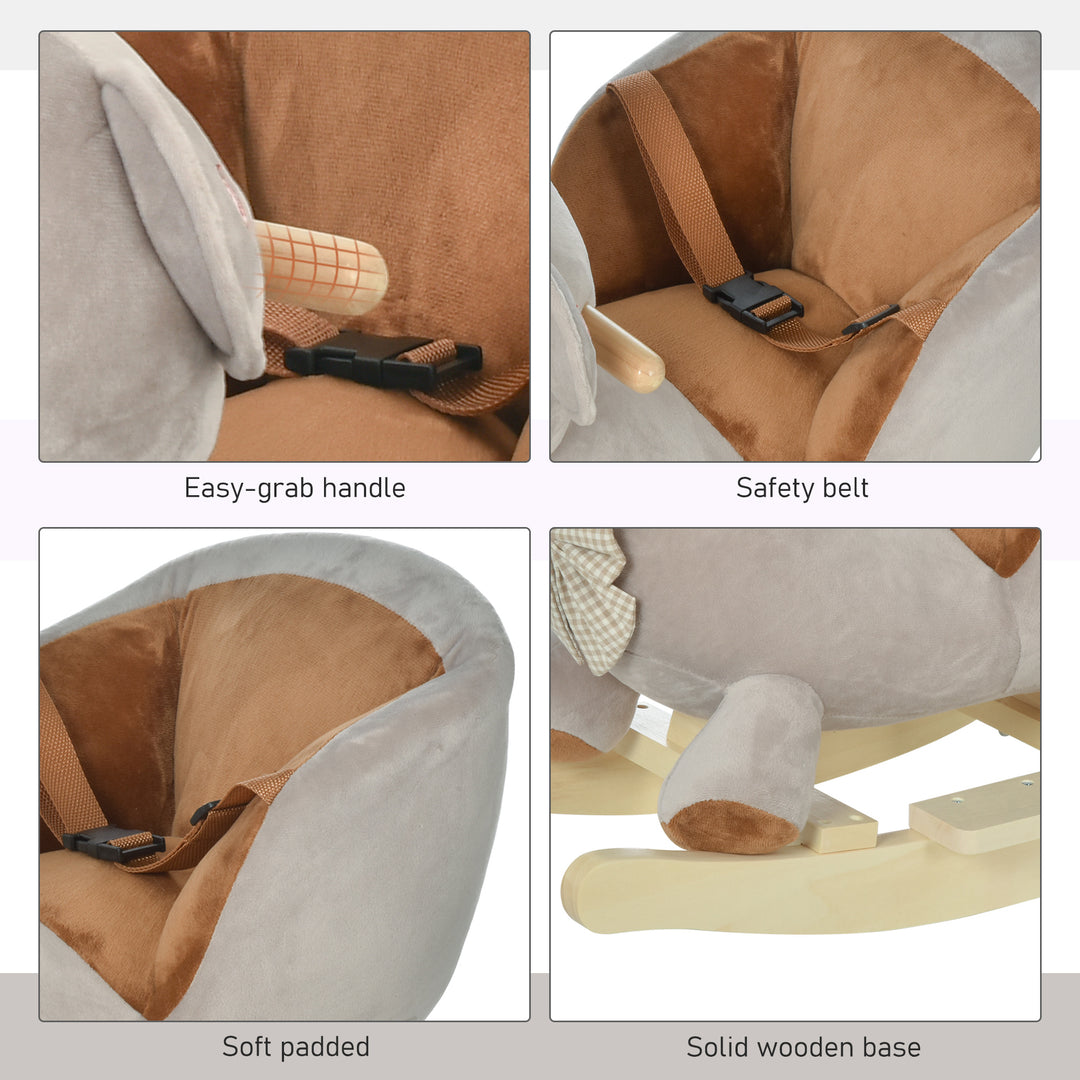 MCL Kids Children Rocking Horse Plush Ride On Bear Seat w/ Sound Wood Base Seat Safety Belt Toddler Baby Toy for 18-36 Months Grey