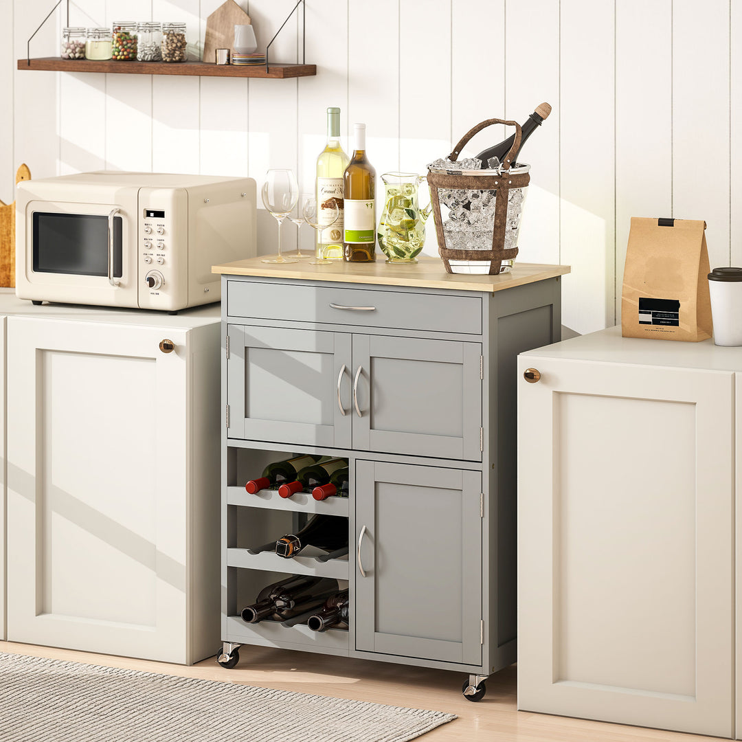 MCL Modern Kitchen Trolley, Rolling Island Storage Cart with Drawer, 9-bottle Wine Rack, Door Cabinets, Wooden Countertop, Grey