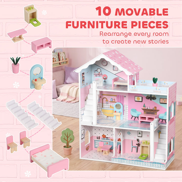 Wooden Dolls House, Large 3-Storey Modern Dollhouse with 10 - view 5