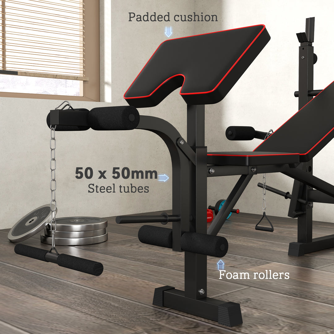 SPORTNOW Weight Bench with Two Barbell Racks, Leg Curl Machine, Preacher Curl Bench, Black