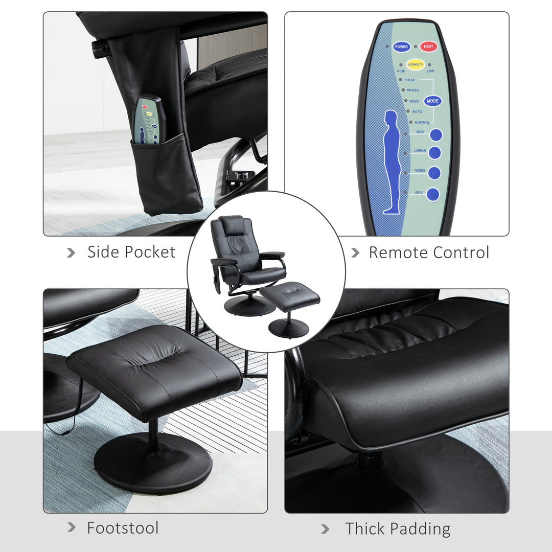 Swivel Recliner Chair and Footstool, Faux Leather Massage Recliner Armchair with Remote Control and Round Wrapped Base, Black
