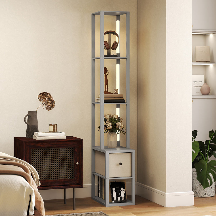 Floor Lamp with Shelves, LED Column Modern Standing Lamp with Fabric Drawer, Adjustable Brightness, Foot Switch for Living Room, Bedroom, Office, Grey