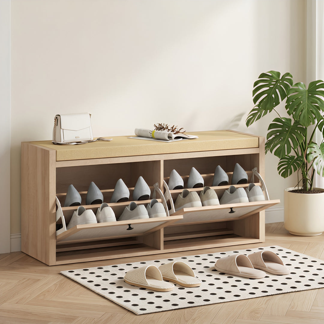 Rattan Shoe Bench with Padded Cushion and 2 Cabinets for Hidden Storag