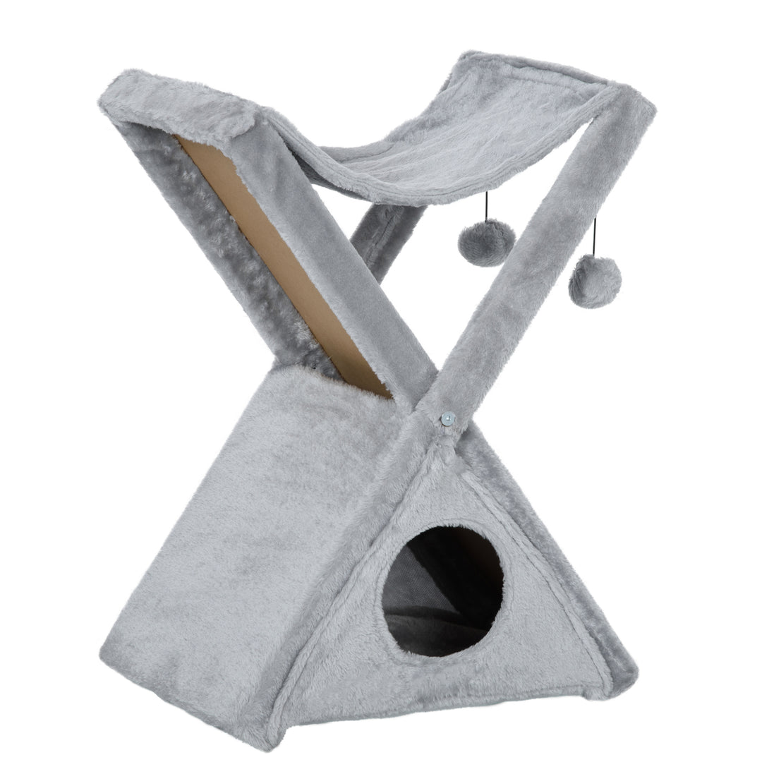 Two Tier Cat Tree for Indoor Cats Play Rest Activity Tower Plush Folding Relax Center w/ Scratching Post Hammock Pom Poms Grey