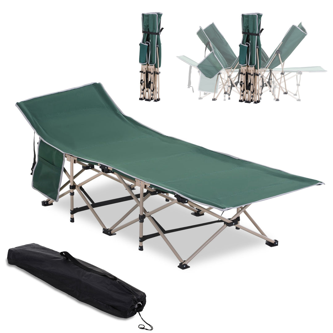 Single Person Camping Bed Folding Cot Outdoor Patio Portable Military Sleeping Bed Travel Guest Leisure Fishing with Side Pocket and Carry Bag - Green