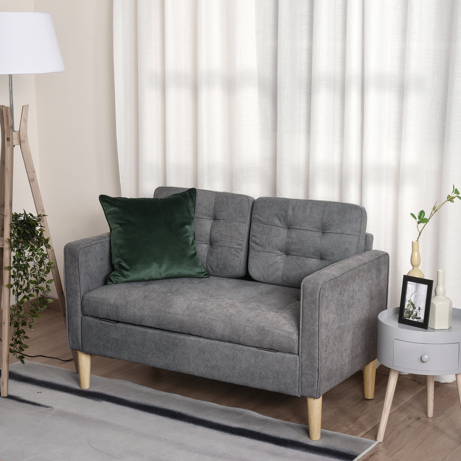 Modern 2 Seater Sofa with Hidden Storage, 117cm Tufted Cotton Couch with Wood Legs, Compact Loveseat for Living Room, Kitchen, Grey