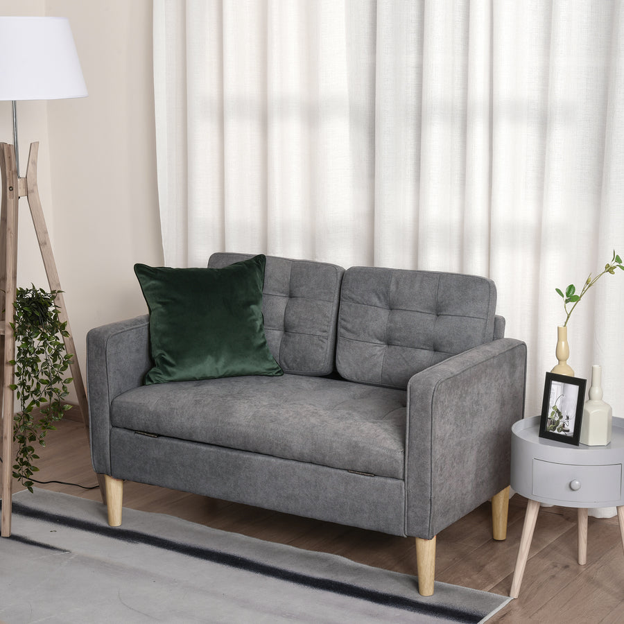 Modern 2 Seater Sofa with Hidden Storage, 117cm Tufted Cotton Couch with Wood Legs, Compact Loveseat for Living Room, Kitchen, Grey